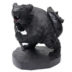 Large Black Forest style carved bear with a fish H50cm