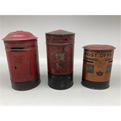 Collection of tin plate money boxes in the form of Royal Mail post boxes, to include four Chad Valley examples, one with key and others similar,  marked VR, GR and ER (10)