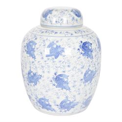 Blue and white ginger jar, decorated in a repetitive pattern of fish swimming amongst dense clusters of aquatic foliage, H40cm