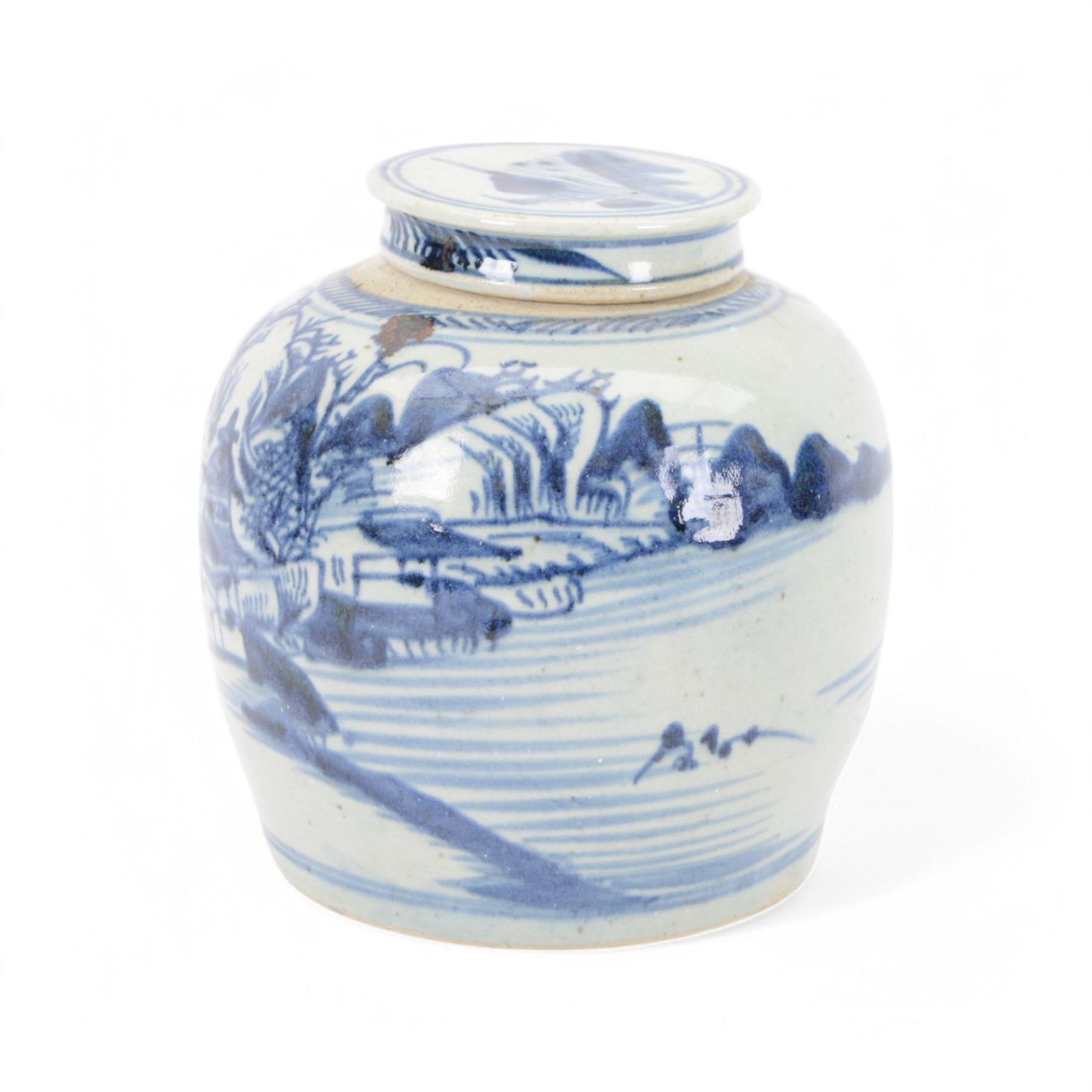 19th century Chinese blue and white ginger jar and cover, decorated with a pagoda in a landscape, H22cm 