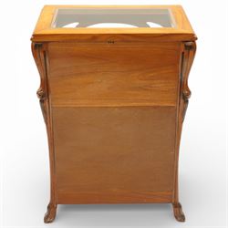 And So To Bed - pair of cherry wood and cane 'Libertine' bedside tables, glass top above a shaped and carved apron, with open recess above two drawers with brass handle, flanked by caned sides, raised on short cabriole supports 