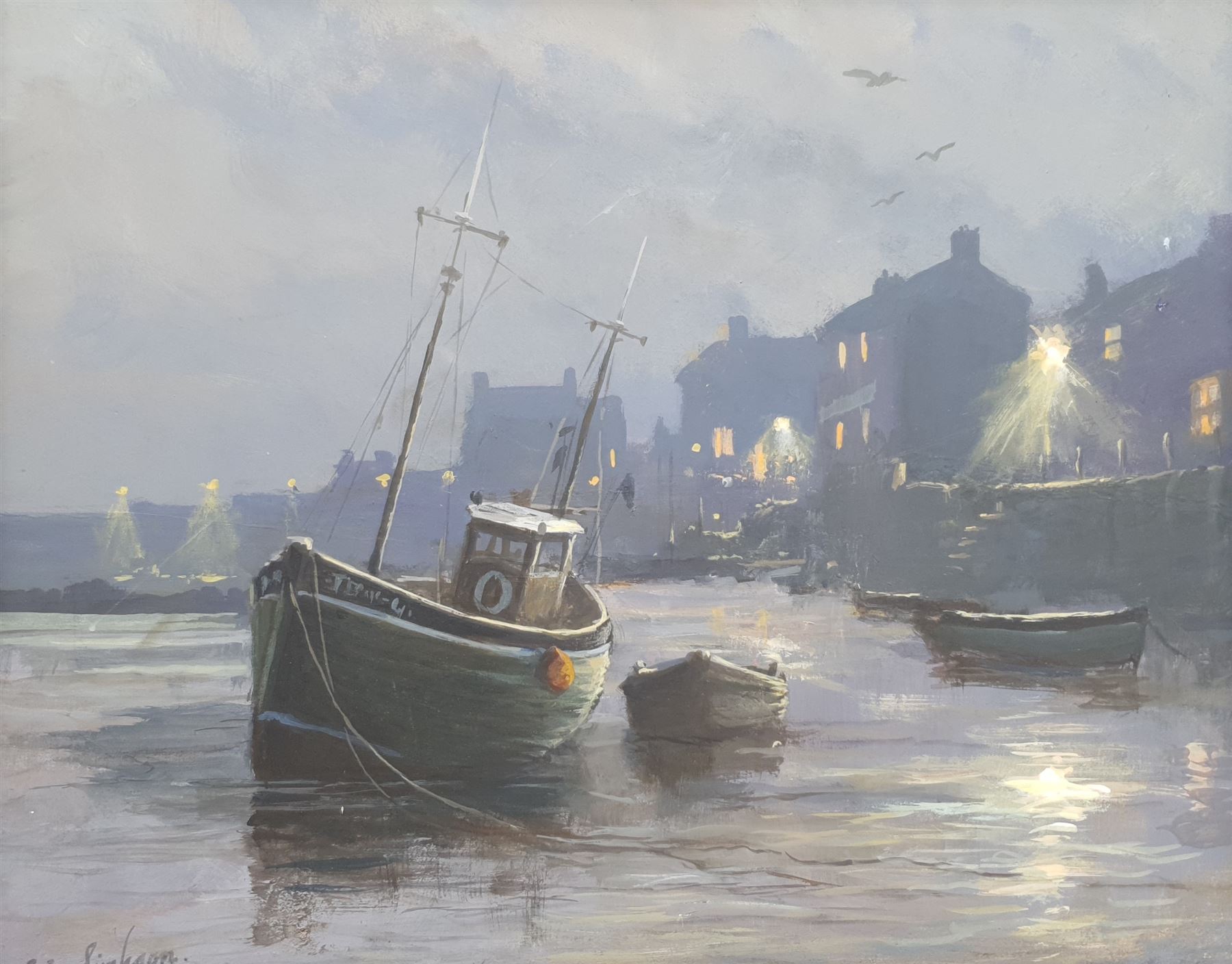 Eric Simpson (Late 20th century): The Harbourside at Night, oil on board signed 29cm x 37cm