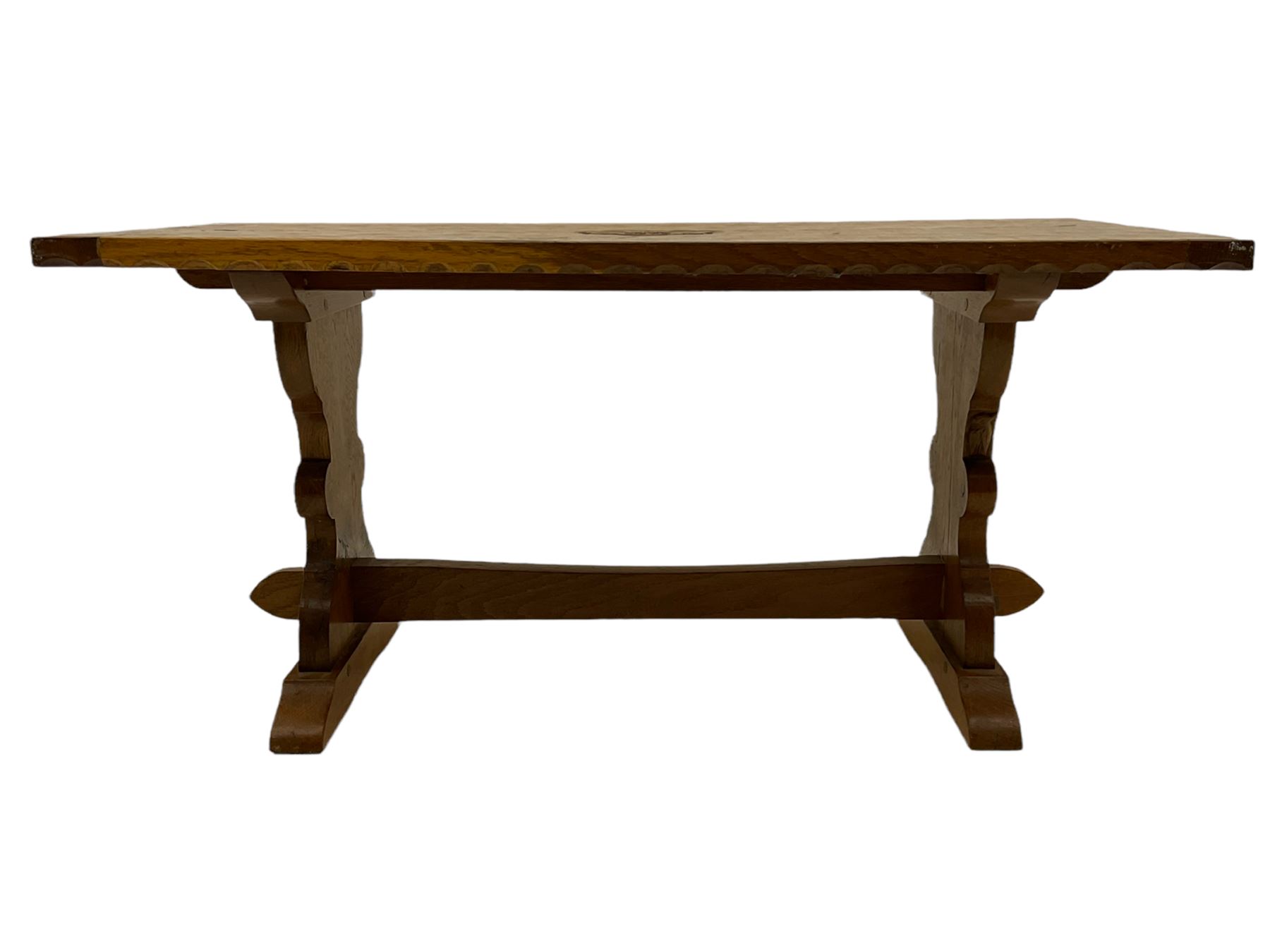 'Woodpeckerman' - Yorkshire oak rectangular coffee table by Stan Dodds, carved central rose, stretcher base, carved Woodpecker motif to the leg 