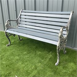 Cast aluminium bench with lions head arms and painted wooden slats