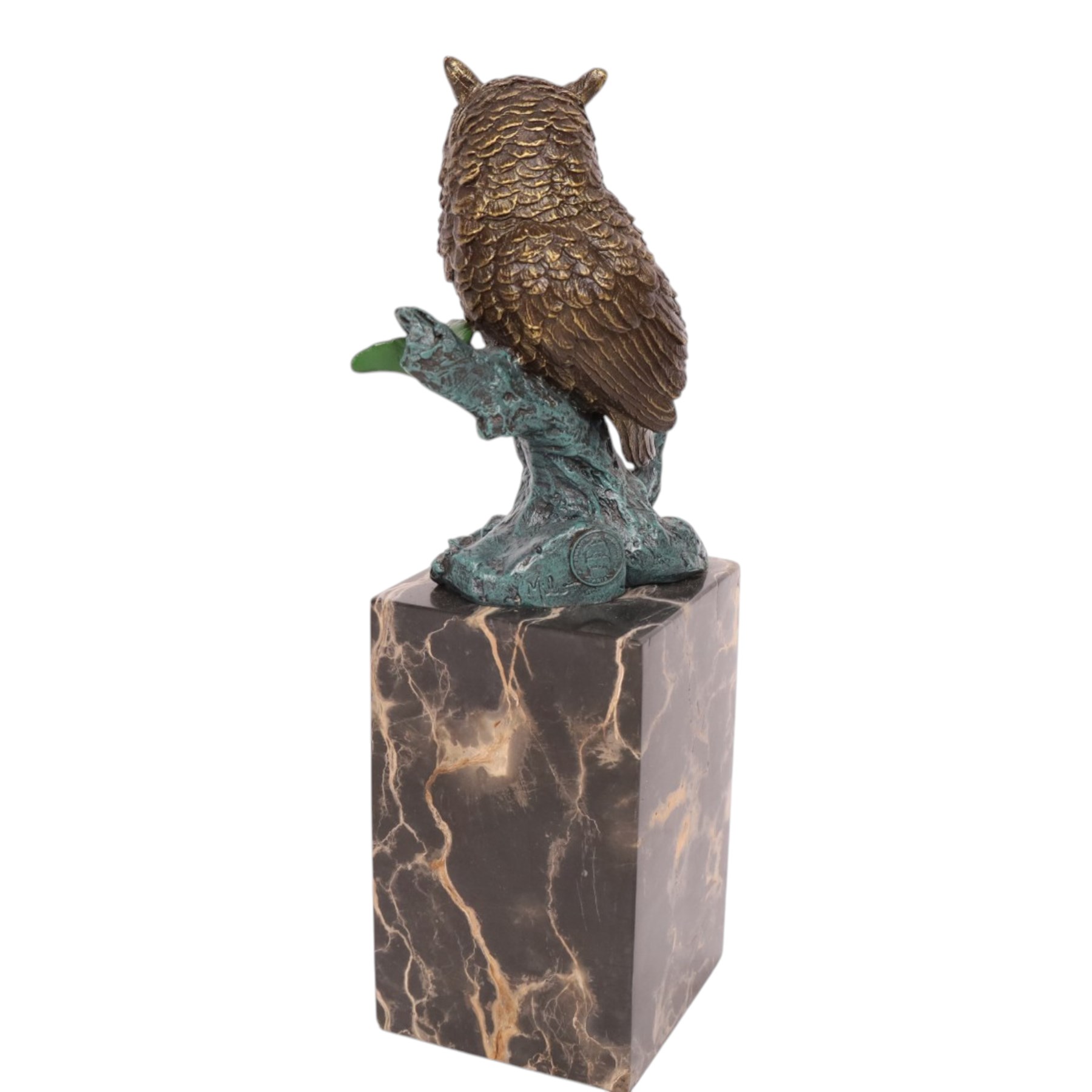 Cold painted bronze figure, modelled as an owl perched upon a tree stump signed Milo and with foundry mark, raised upon black veined marble plinth, H28cm