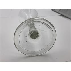 18th century wine glass, the trumpet shaped bowl upon tear drop stem and conical folded foot, H15.5cm, together with an 18th century cordial glass, the round funnel bowl on plain knopped stem and folded conical foot