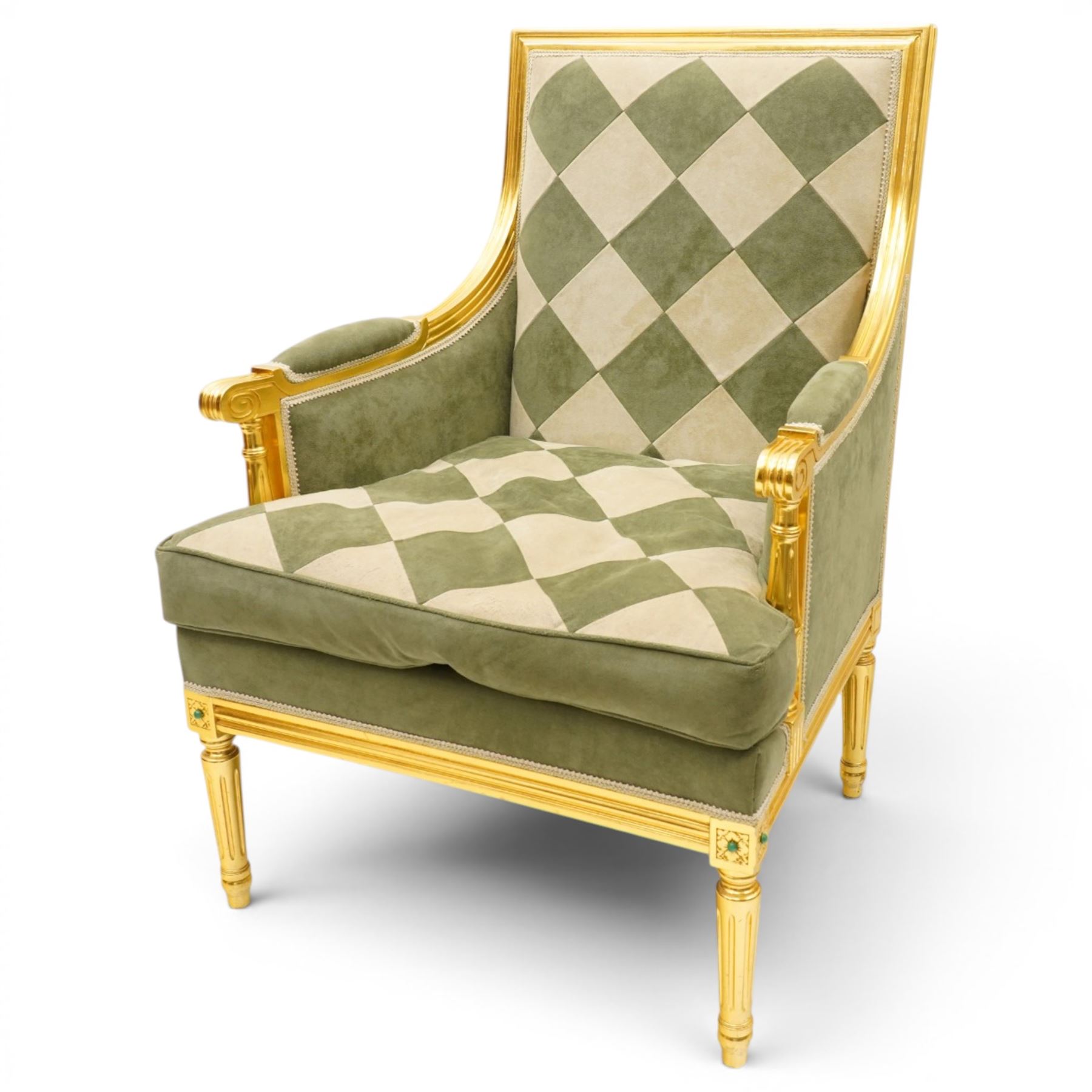 Meritalia - French Empire design gilt framed armchair, the high back over scrolled arm terminals, reeded bottom rail over fluted tapering supports, upholstered in sage green and cream lozenge patterned suede fabric with loose seat cushion
Notes: By vendor's repute originally commissioned in the 1990s by Prince Jefri Bolkiah and the Brunei royal family for use in guest suites.