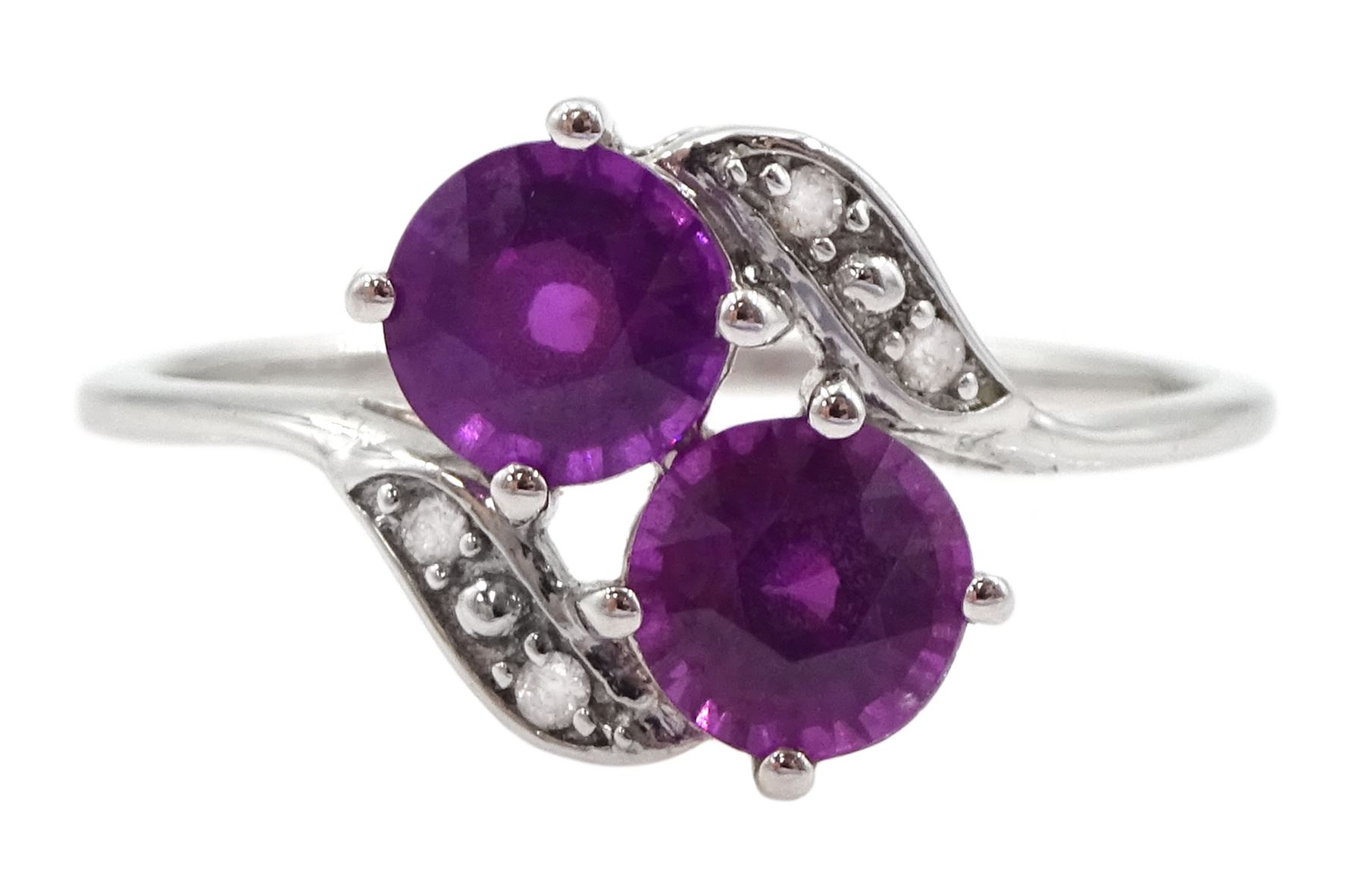 9ct white gold purple garnet and diamond crossover ring, hallmarked