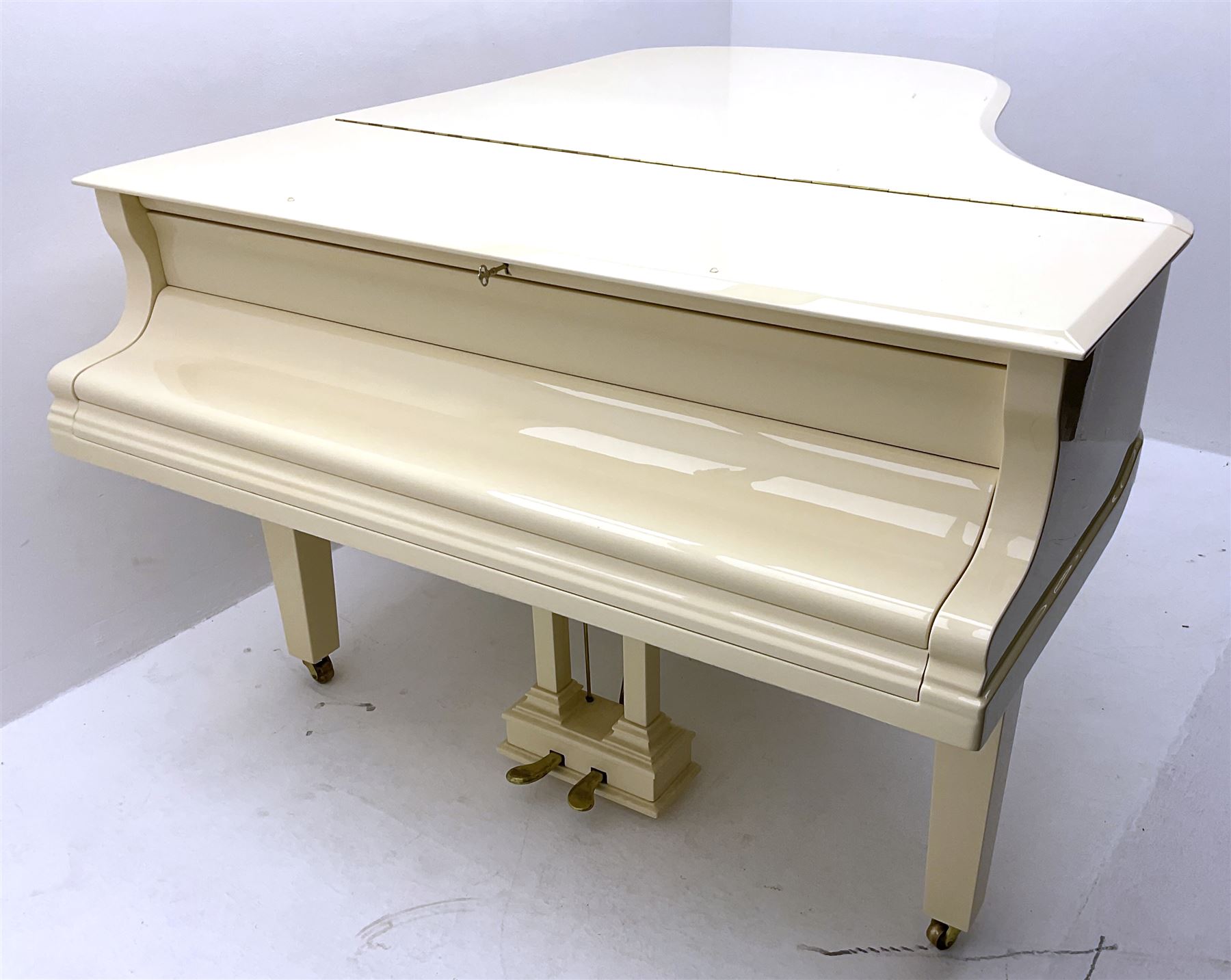 Julius Bluthner of Leipzig, Germany - Boudoir Grand Piano in cream lacquered finish with an open lattice music desk, original patent Bluthner action, recently restored and re-strung with new tuning pins, hammer heads and damper felts, re-sprayed iron frame  and re-furbished wooden soundboard with manufacturers decal and traditional 