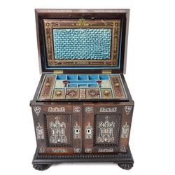 Early Victorian rosewood and mother of pearl inlaid sewing, jewellery, and writing casket  with hinged lid, the upper section fitted for sewing implements, above four drawers, the bottom drawer with writing slope and on compressed fluted feet H36cm x W34cm