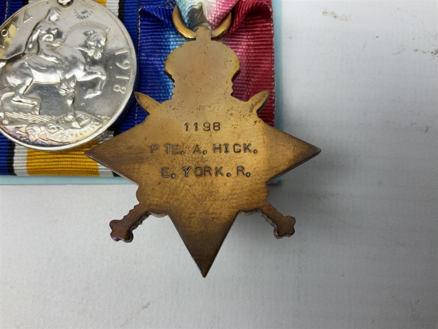 WW1 father and son medal groups comprising British War Medal and Mercantile Marine Medal awarded to Captain Allanson Hick and British War medal, 1914-15 Star and Victory Medal awarded to 1198 Pte. Allanson Hick E. York. R. with biographical information. N.B. Allanson Hick Jnr. of Hull was a celebrated architect and renowned marine artist being a founder member of the Society of Marine Artists (RSMA).