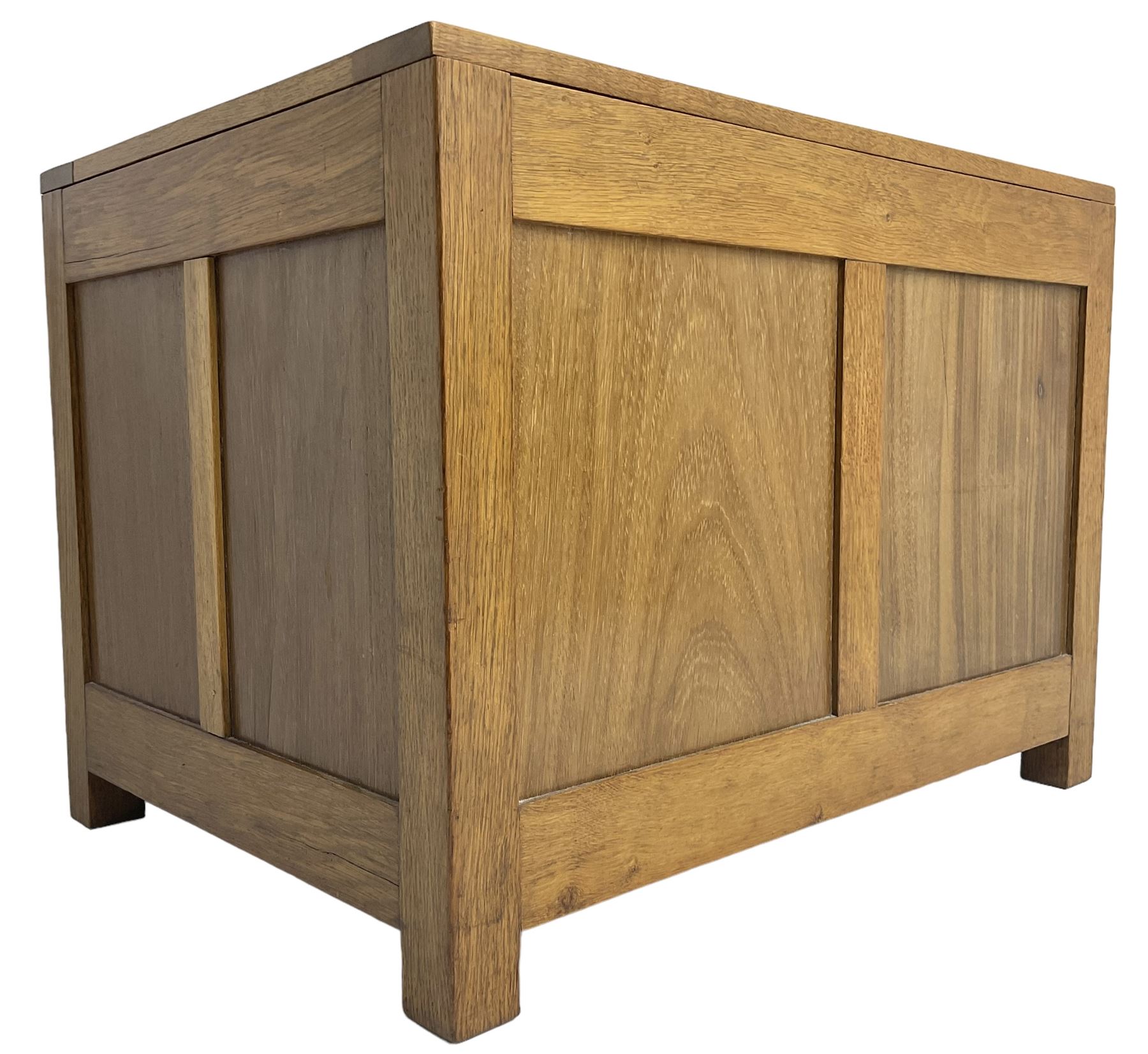 20th century panelled oak blanket chest, rectangular hinged top, raised on square supports