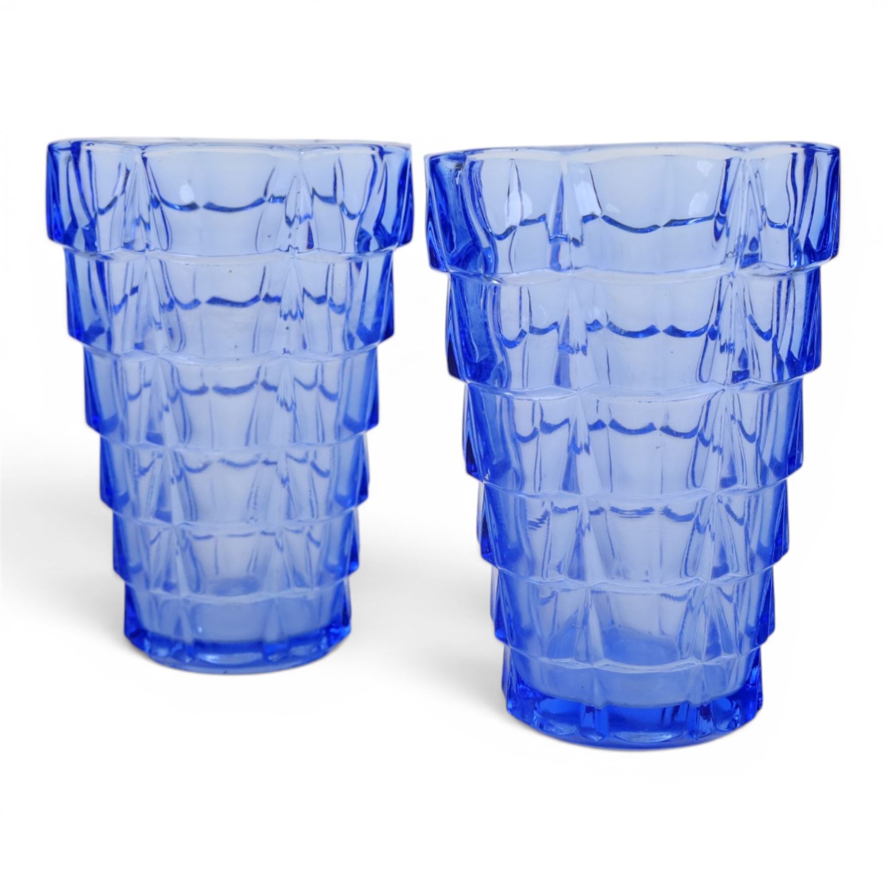 Pair of VLG Lausitzer, Gent blue glass vases, together with a pair of green glass vases, largest H21cm