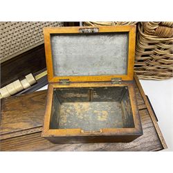Early 20th century burr walnut tea caddy, Art Deco wooden box, wicker basket with bottle holders and a 1950s Stella radiogram