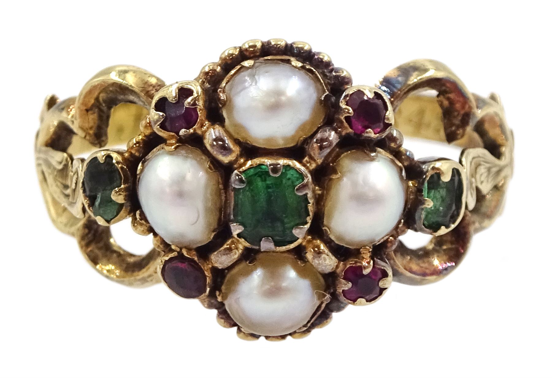 Victorian 15ct gold split pearl, green and red stone set flower head cluster ring, the underside with plaited hairwork, openwork design shoulders and engraved foliate band, the inner band inscribed W.H. To J.B. 1848