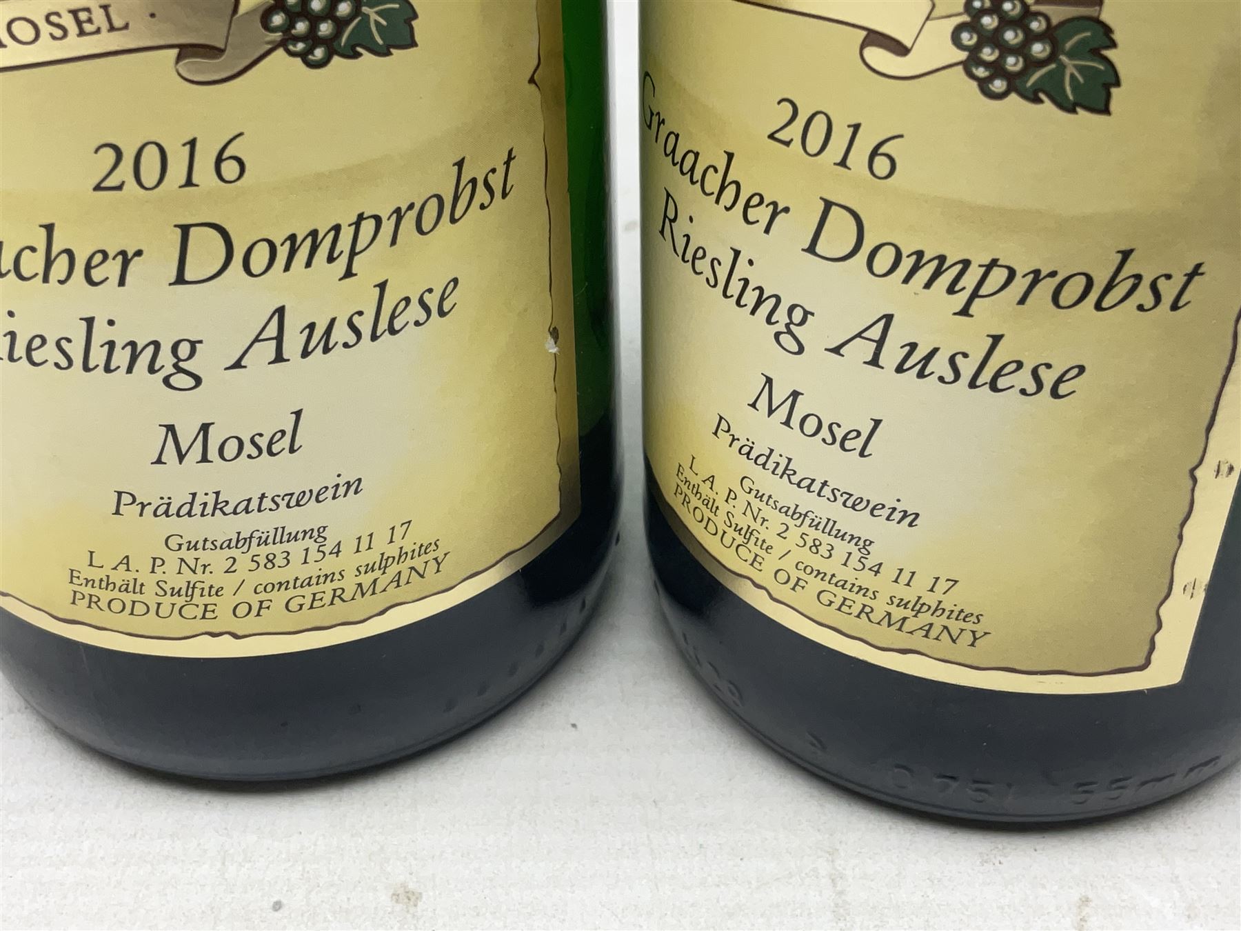 Willi Schaefer, 2016, Graacher Domprobst Riesling Auslese, 750ml, 7.5% vol, two bottles, and Fritz Haag, 2014, Brauneberger Juffer Sonnenuhr, 750ml, 7.5% vol, two bottles 