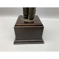 Presentation bronzed figure of a paratrooper by Peter Hicks mounted on a mahogany plinth with plaque inscribed ' Presented to Lieutenant General Sir Michael Gray KCB OBE President Army Parachute Association 1981-1987 An Outstanding Term of Leadership Friendship and Humour. Thank You All Ranks A.P.A.' H28cm; a brass Pegasus plaque H12cm; and small quantity of colour photographs and prints of military related paintings