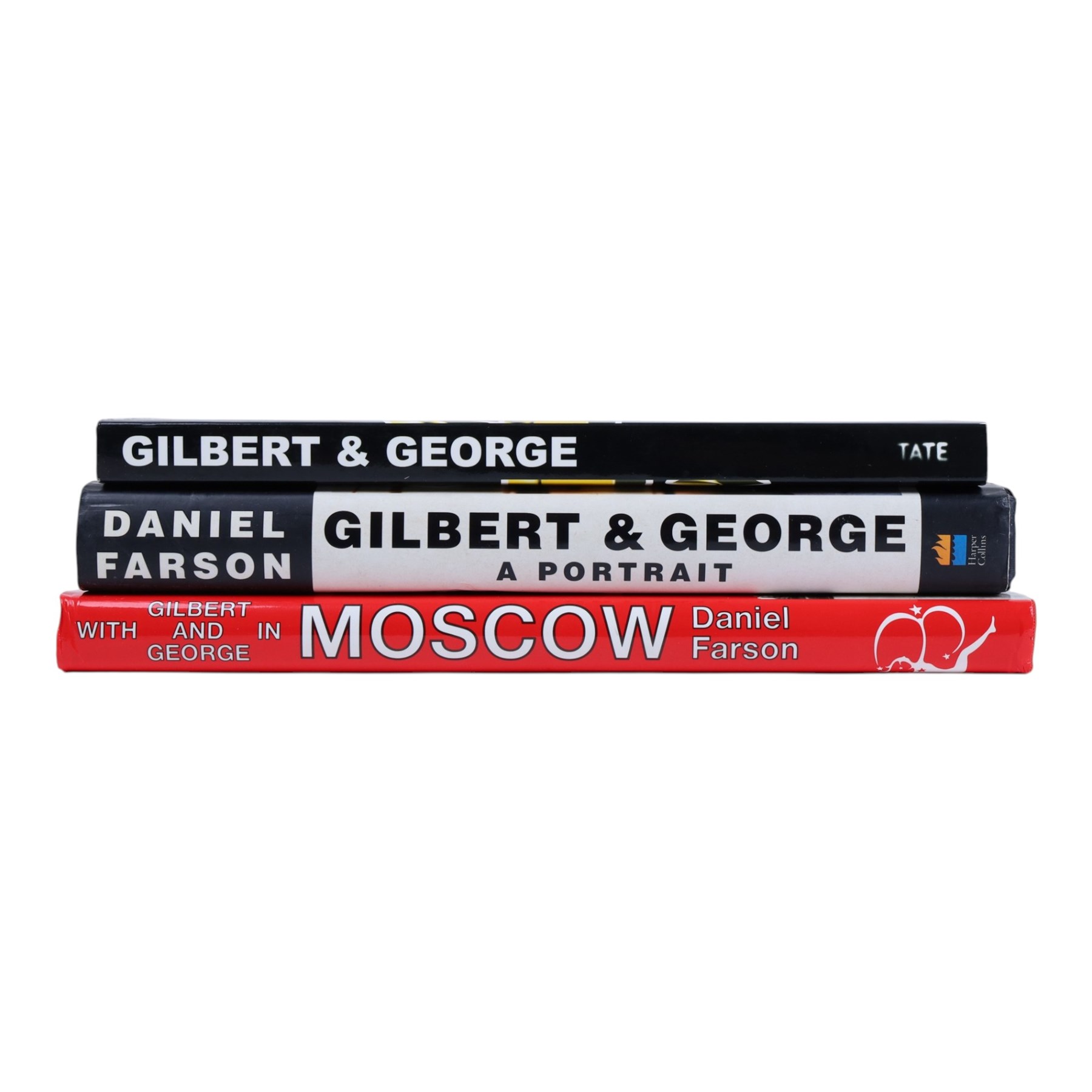 Collection of Gilbert and George memorabilia, to include 'Gilbert and George - A Portrait' by Daniel Farson, 'Major Exhibition - Tate Modern' catalogue, 'The Urethra Postcard Art of Gilbert and George', framed signed items and others