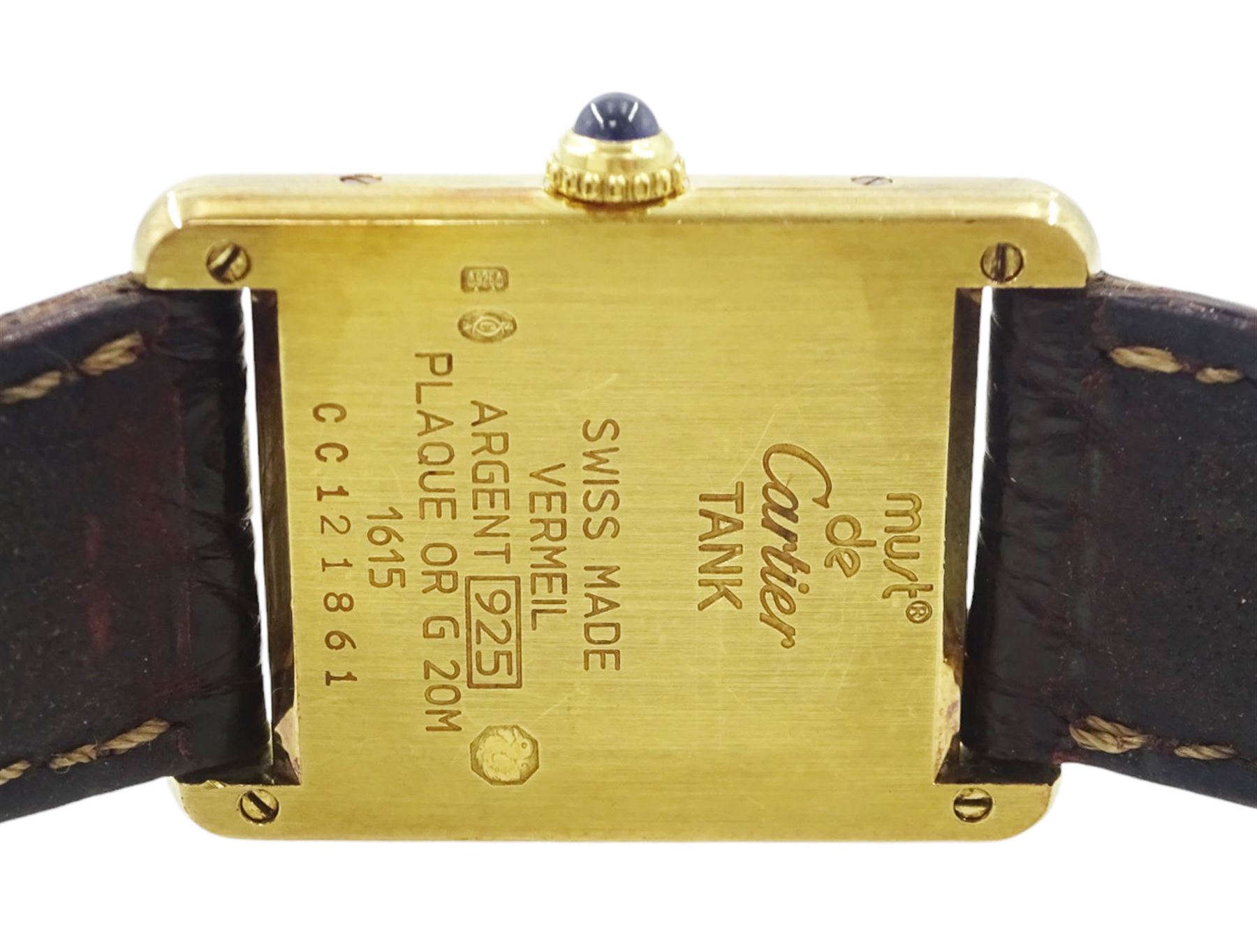 Must de Cartier Tank silver-gilt quartz wristwatch, Ref. 1615, cream dial with Roman numeral hour markers, hallmarked, on leather strap, with Cartier stainless steel fold-over clasp, boxed