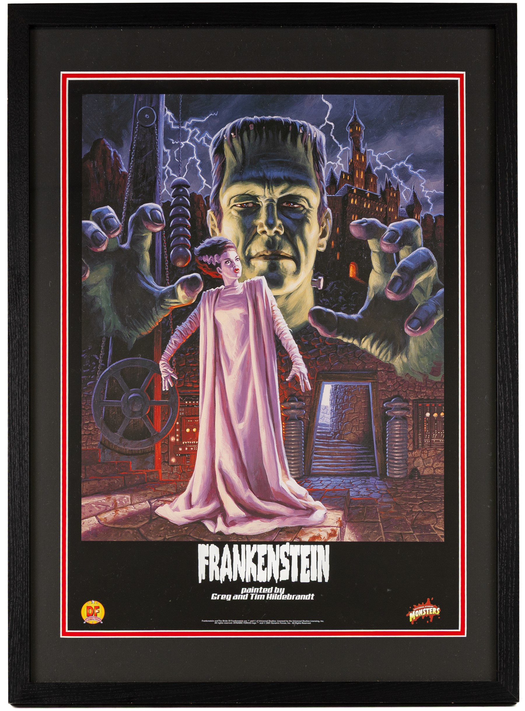 Two limited edition Dynamic Forces art prints, Dracula and Frankenstein, both framed H47cm