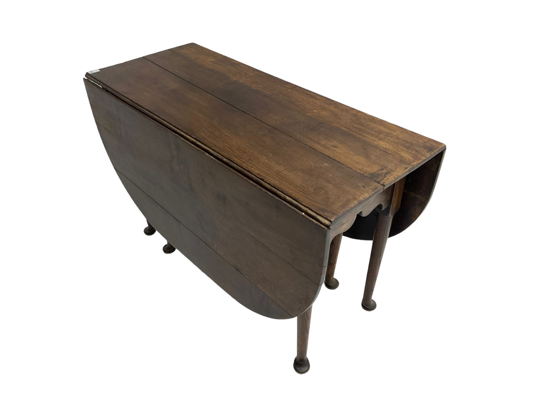 George III oak drop-leaf dining table, oval top over gate-leg action cabriole supports