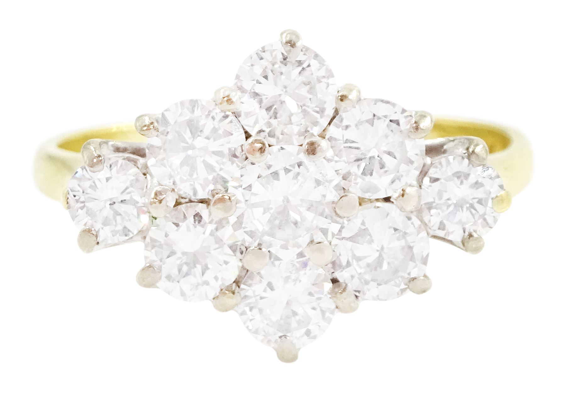 18ct gold diamond cluster ring, nine round brilliant cut diamonds, in a marquise shaped setting, London 1988, total diamond weight approx 1.65 carat