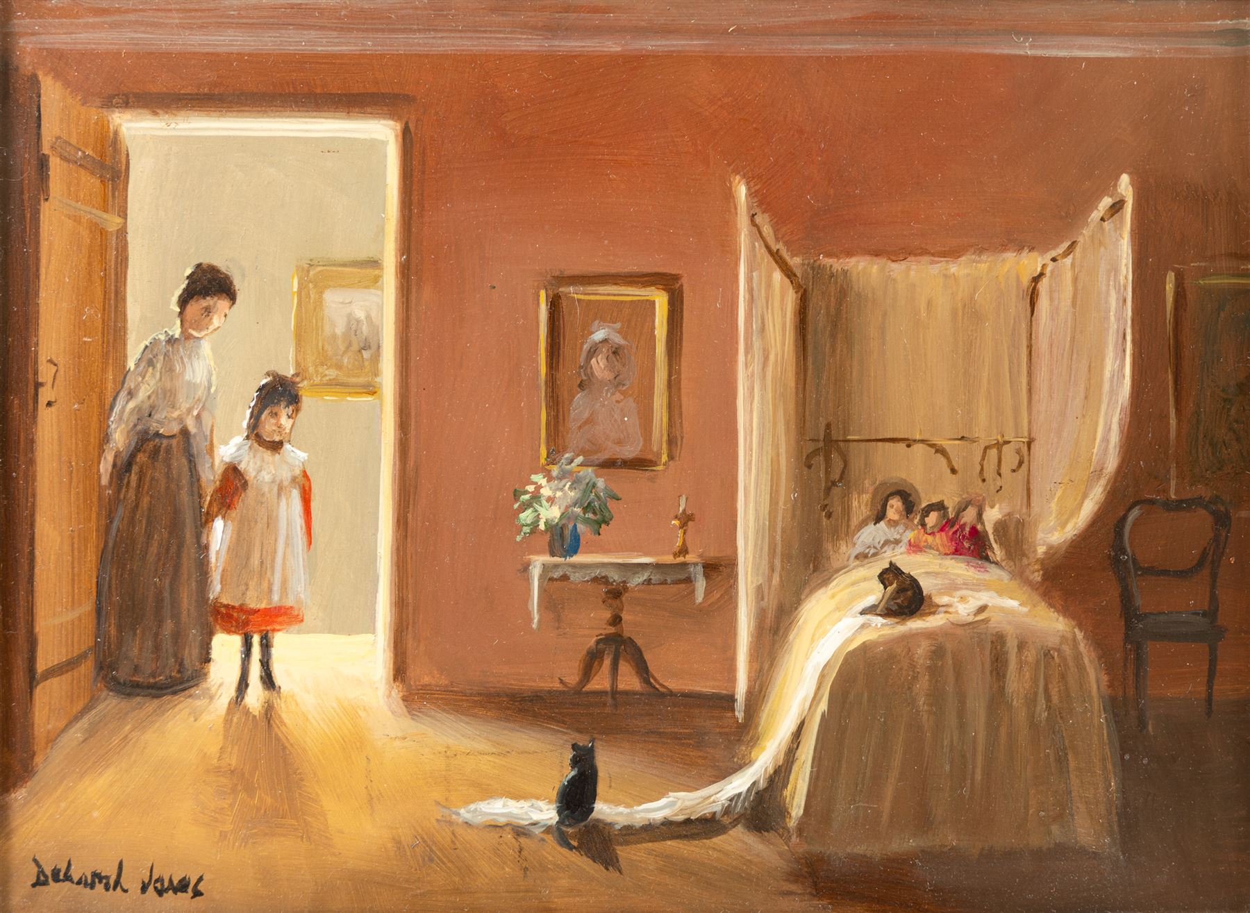 Deborah Jones (British 1921-2012): Bedroom Interior with Mischievous Cats, oil on board signed 19cm x 26cm
