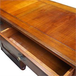 And So To Bed - French cherry wood twin pedestal dressing table, the rectangular top over seven drawers arranged with a central drawer and three drawers to each pedestal, panelled sides with louvred detail, raised on turned bun feet