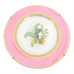Two 19th century Samson porcelain plates, decorated in the Chelsea style with exotic birds, flowers and insects, each with spurious gold anchor mark verso, largest example D24cm, together with a 19th century dessert plate, possibly Worcester, hand painted with a hummingbird, within a gilt band and pink border, D22.5cm, and a further 19th century dessert plate with shaped and pierced rim, hand painted with a view of Loch Lomond and titled verso, D22cm, (4)