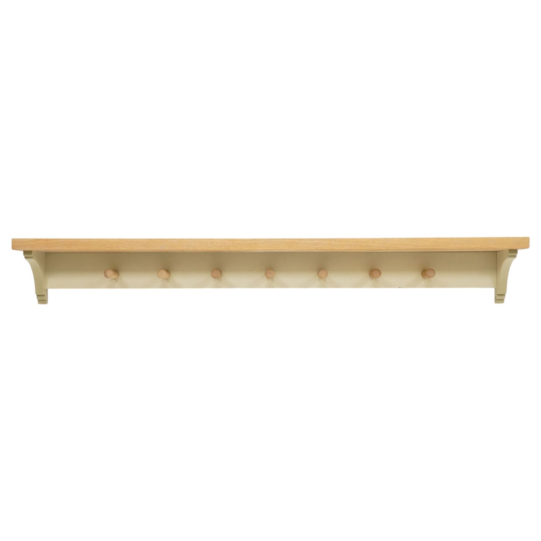 Neptune - limed coat rack and shelf, with sage green painted supports and seven hooks 