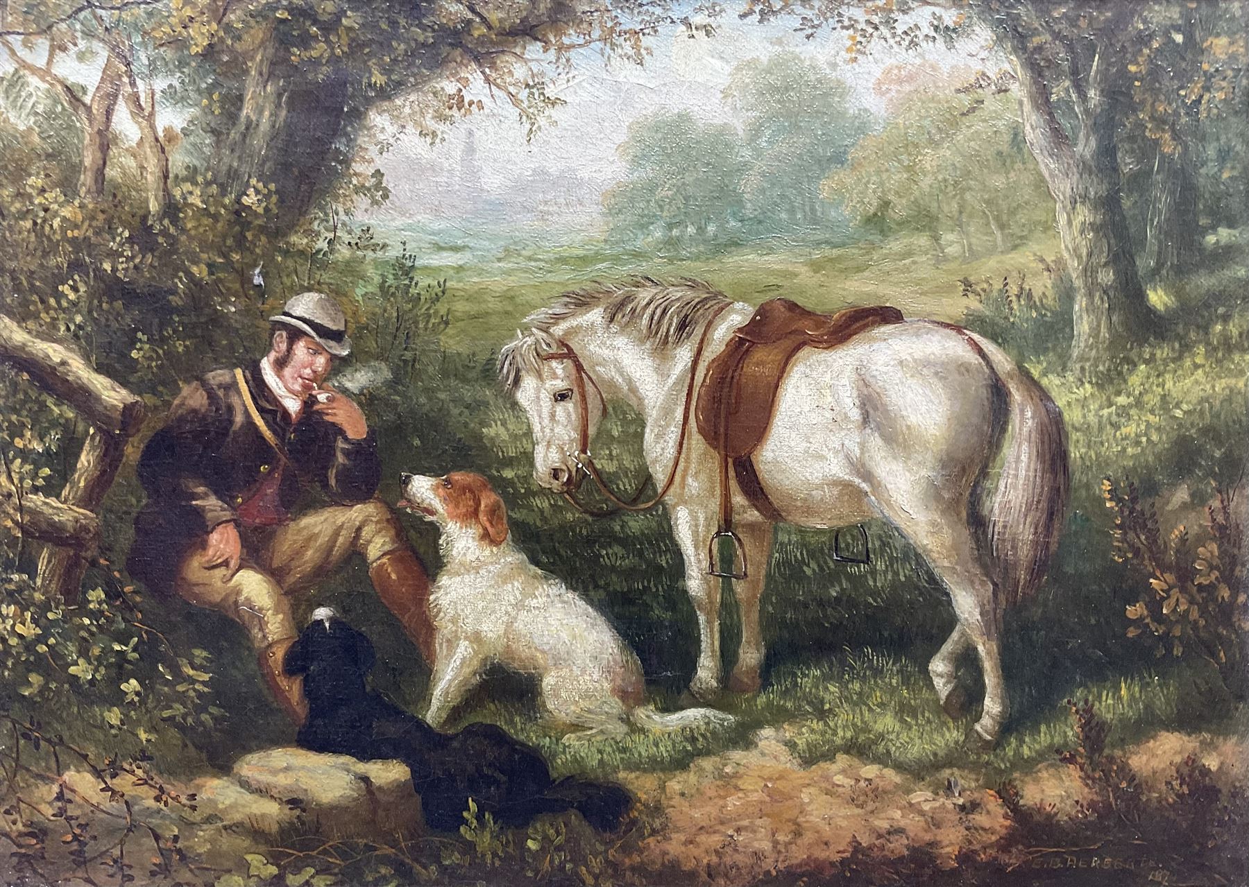 Edward Benjamin Herberte (British 1857-1893): Landscape with Horseman and Dog resting under Trees, oil on canvas signed and dated 1870, 24cm x 34cm