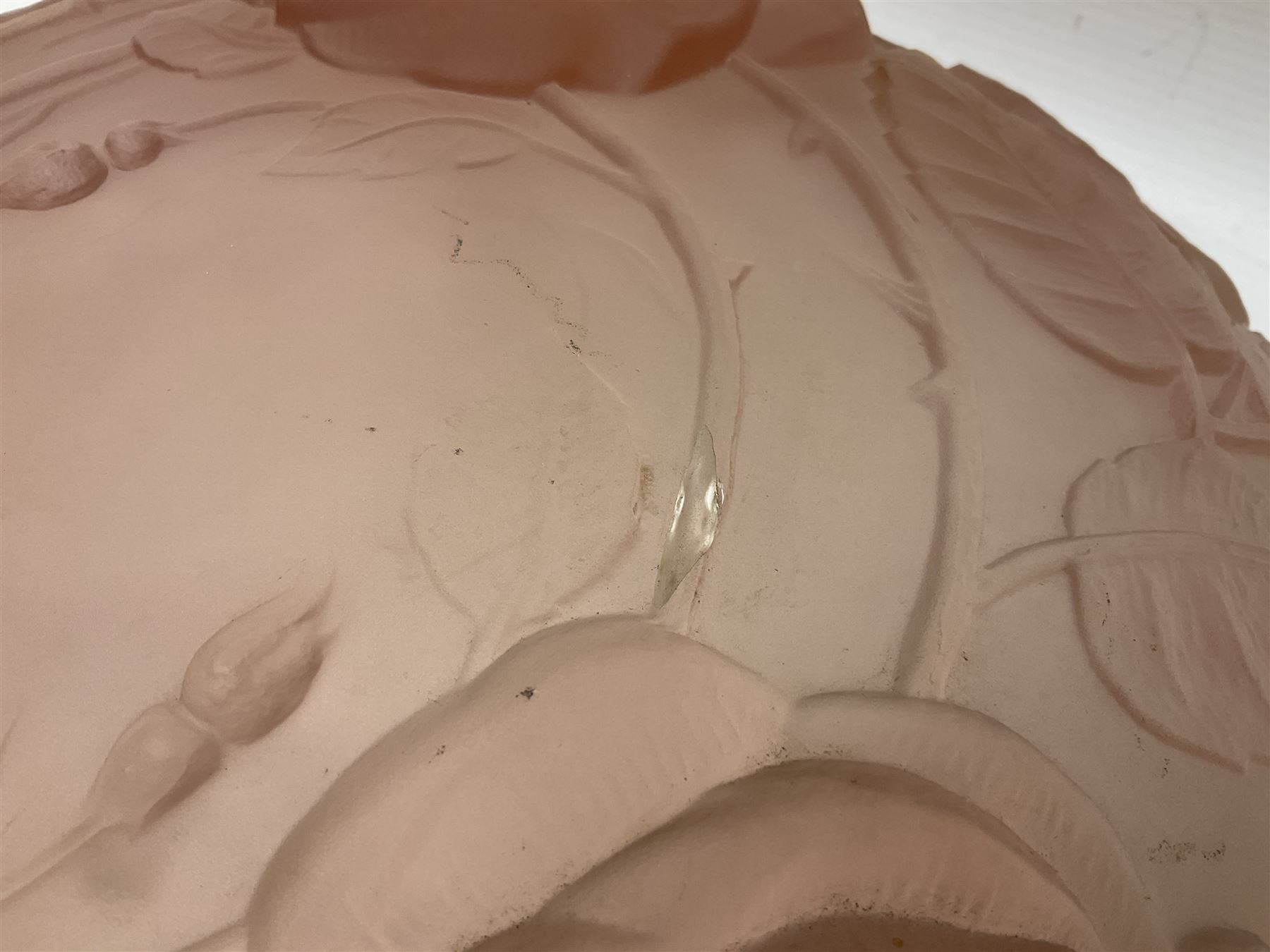 1930s pink frosted glass ceiling light shade, decorated with roses, D