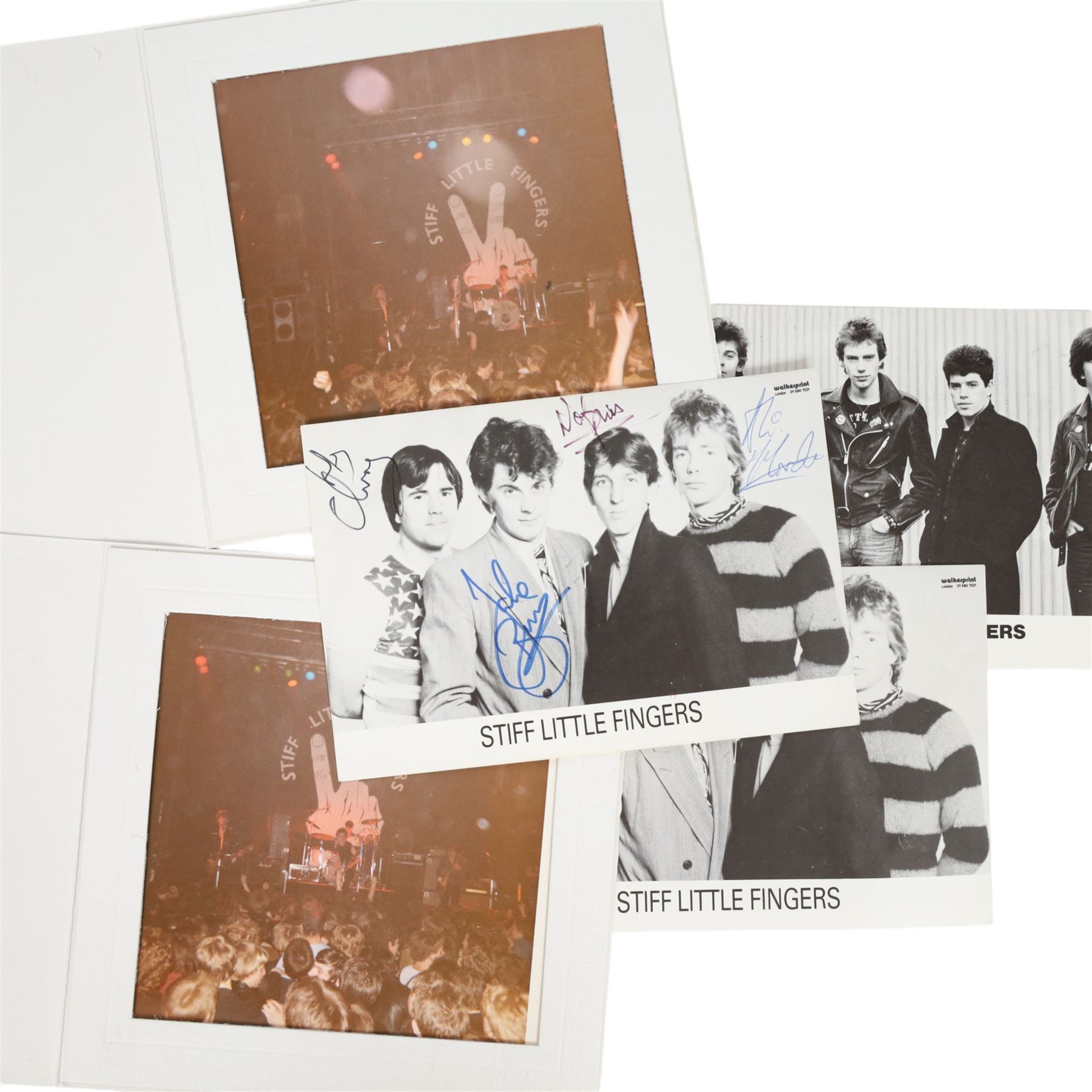Signed Stiff Little Fingers promotional card, signed by four members of the band Jake Burns, Henry Cluney, Ali McMordie and Jim Reilly, two unsigned promotional cards,  'Go For It' 1981 tour programme and a collection of photographs from the gig