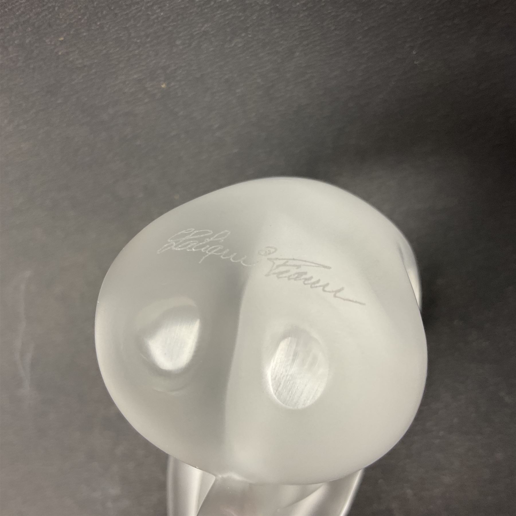 Lalique Nude Temptation, a frosted glass figure of a woman crouching with leg outstretched, in original box, H8cm