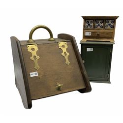 Wooden coal scuttle with metal detail H42cm, together with a small cupboard H18cm and a small scale chest of draws H16cm.  