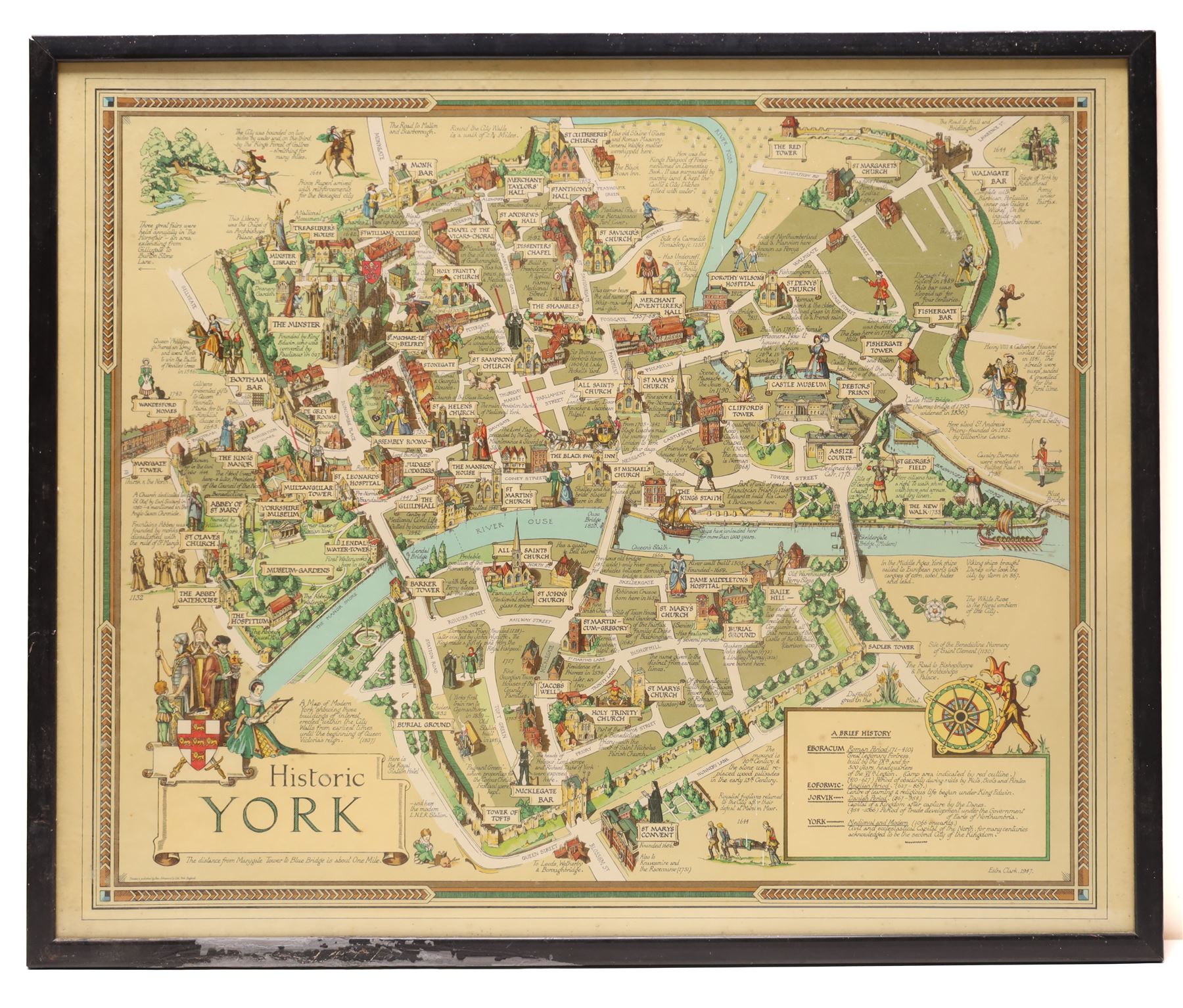 Estra Clark (British 1904-1993): 'Historic York', pictorial colour map of the City of York with important events and places described pub. Ben Johnson & Co, York 1947, 56cm x 68cm