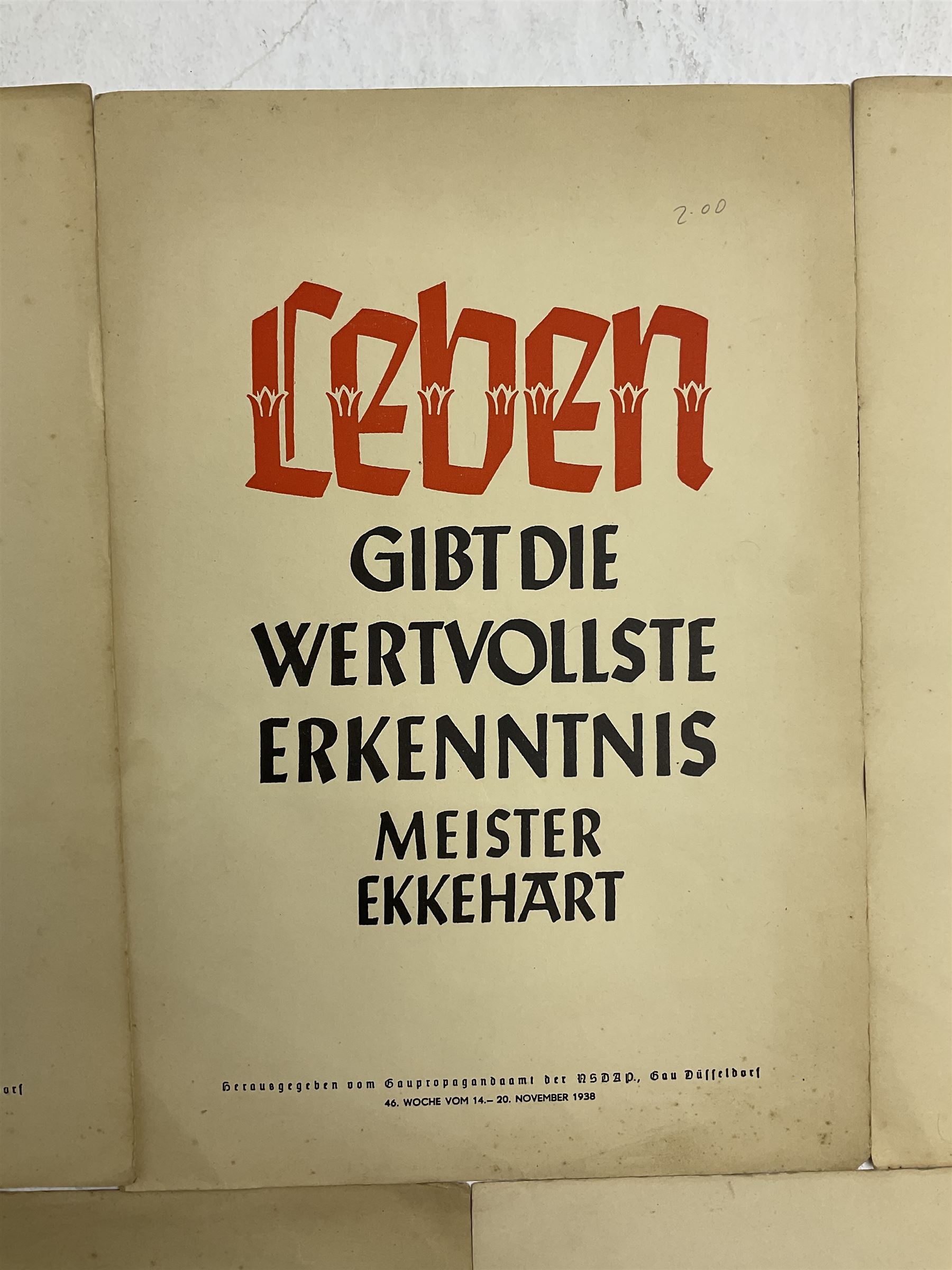 Collection of eight pre-WW2 German Propaganda poster style cards each printed in black and red with sayings by NSDAP leaders and German historical leaders,  featuring quotes by Adolf Hitler, von Goethe, Rosenberg, Magnus Wehner, Moltke, Kolbenheyer etc, each dated 1938 35 x 23.5cm unframed (8)