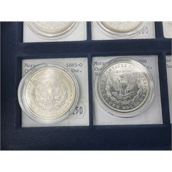 Twelve United States of America silver Morgan dollar coins, dated 1878 S, 1879 S, 1880 S, 1881 S, 1882 O, 1883 O, 1884 O, 1884 CC, 1885 O, 1886, 1887 and 1888