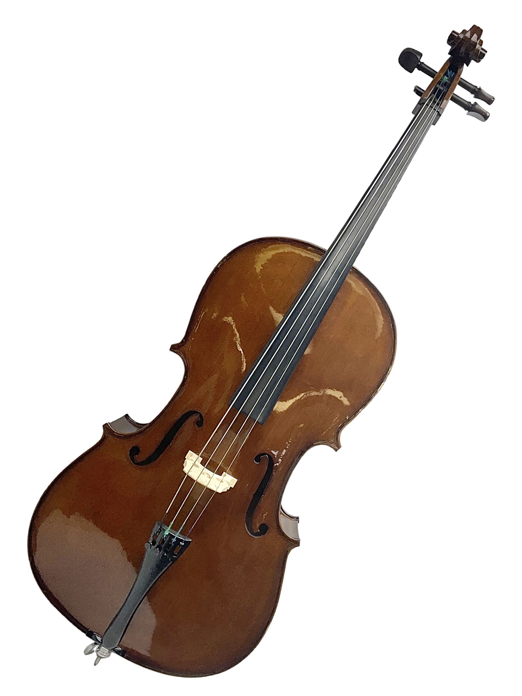 Stentor Student I quarter-size cello with 59.5cm two-piece maple back and ribs and spruce top; bears maker's label with serial no.M072648 L95.5cm overall; in Stentor soft carrying case with bow