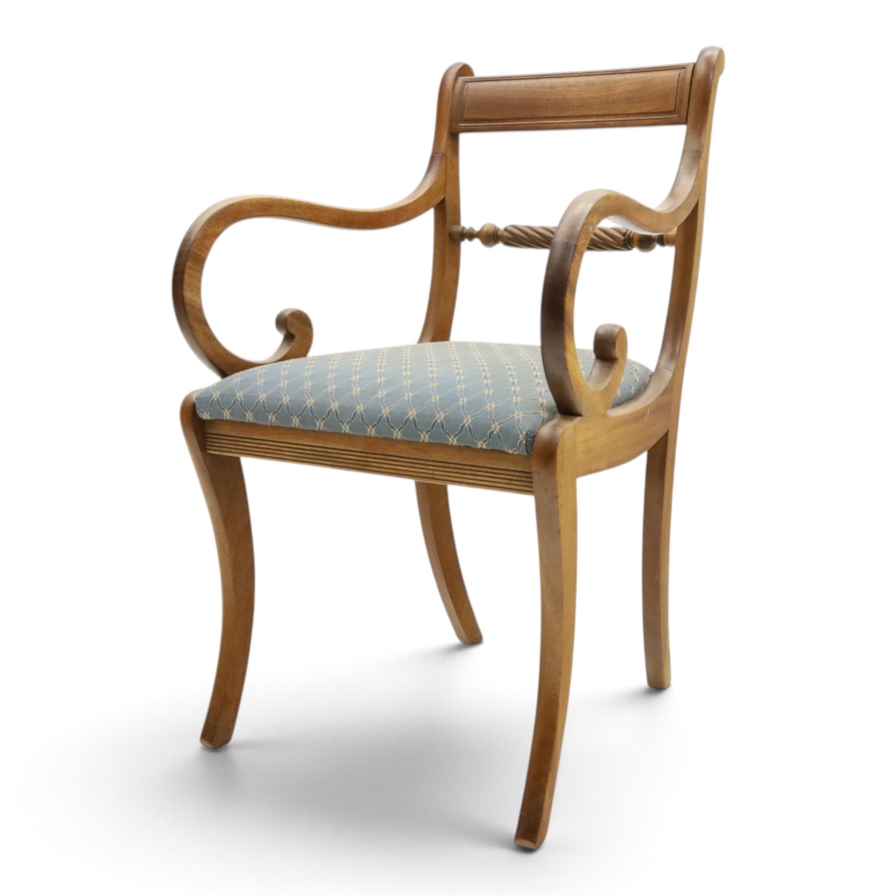 19th century mahogany extending dining table, rectangular top with rounded corners raised on turned and fluted supports with brass cups and castors, with two additional leaves; with set of eight (6+2) Regency design mahogany dining chairs, spiral-reeded back-bar over drop-in seats and sabre supports (W54cm H85cm)