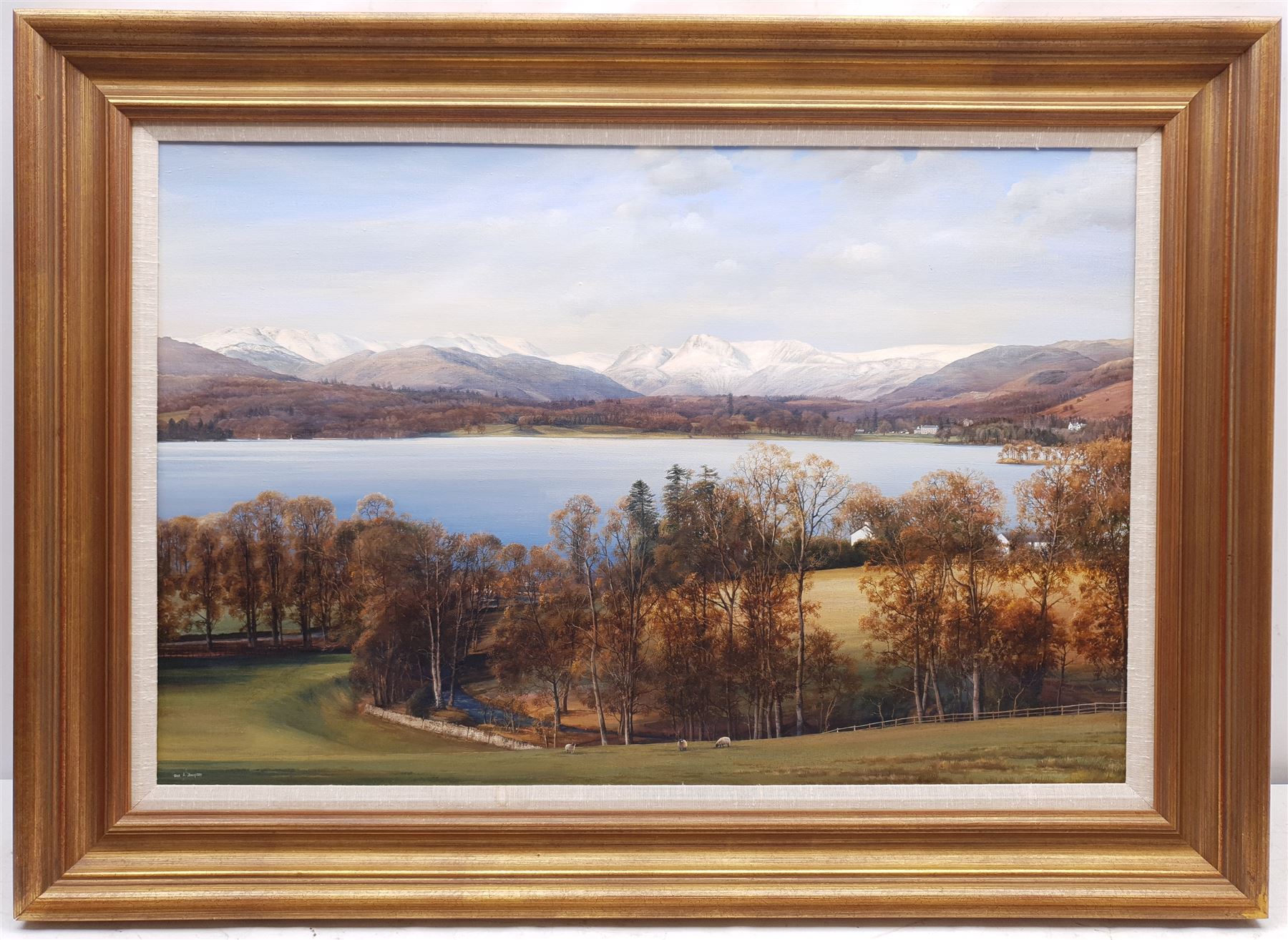 Alan R Thompson (British 1953-): Langdale Pikes covered in Snow, oil on canvas signed, dated 1988 verso 49cm x 75cm
Provenance: with La Galerie d'Art Windermere, label verso