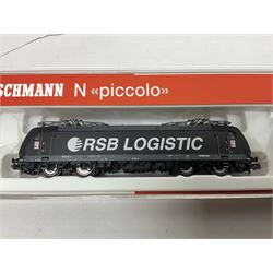 Fleischmann 'N' gauge - 'Piccolo' double pantograph locomotive No.967385 and another locomotive 'Alex'; both boxed (2)