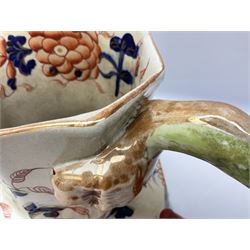 19th century ironstone wash jug and bowl set decorated in the Imari palette, together with two further smaller ironstone jugs similarly decorated, bowl D35cm