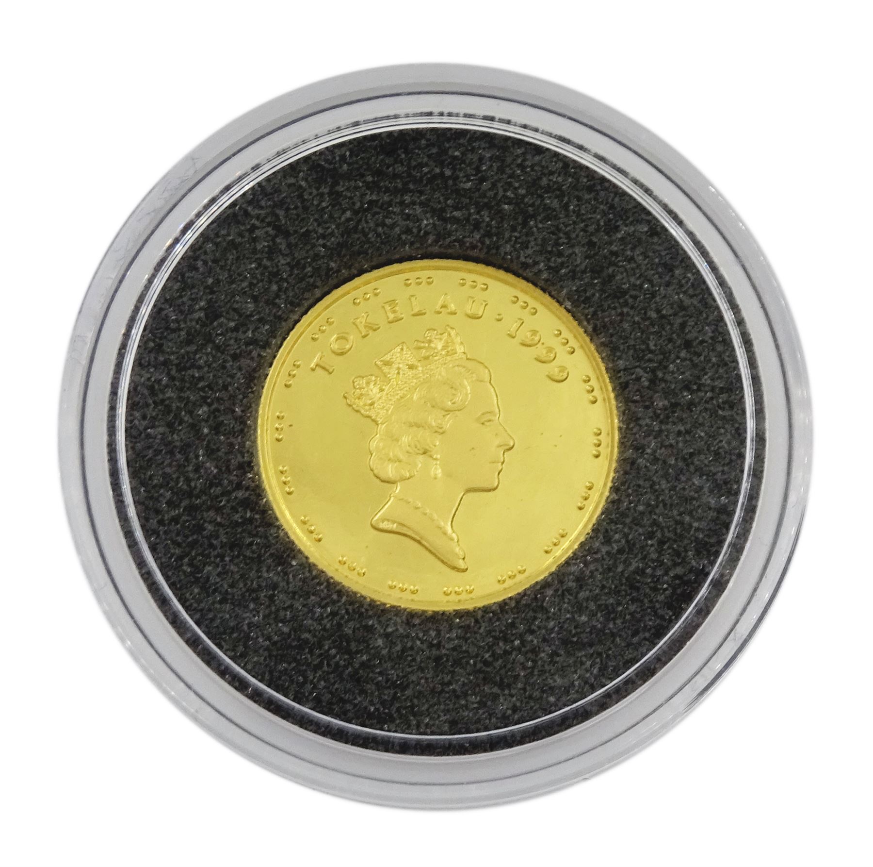 Queen Elizabeth II Tokelau 1999 fine gold 1/25 ounce 'Hina Ma Te Kea' coin from 'The Smallest Gold Coins of the World Collection', with certificate