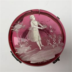 19th century Mary Gregory style box of wasted form the hinged lid decorated in white enamel depicting a female figure in the garden, raised upon with lion mask feet, H13cm 