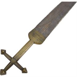Replica Japanese katana with 63cm curved single edged blade in scabbard, overall L93cm, together with dagger with brass handle in a leather scabbard 