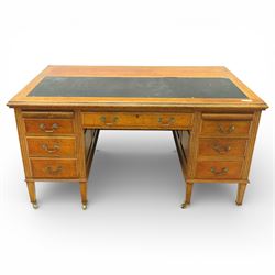 20th century oak kneehole desk, rectangular black leather inset top, above a single frieze...