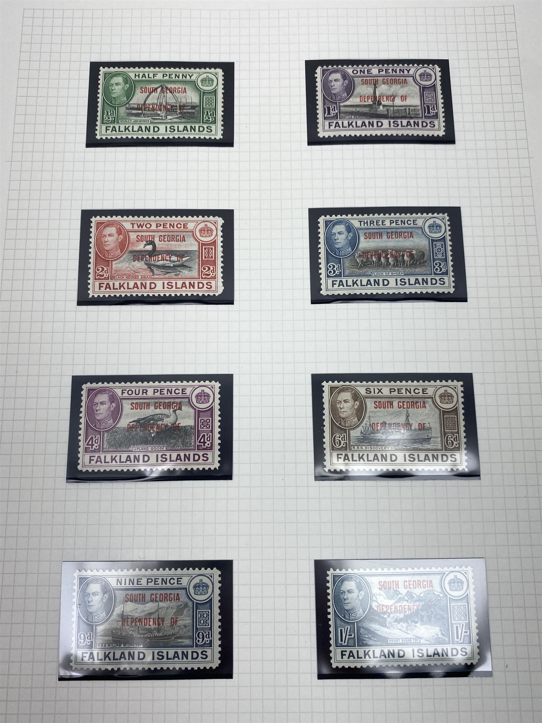 Falkland Islands, King Edward VII and later stamps, including 1904-12 values to one shilling unused, King George V 1912-20 values to five shillings unused etc, housed on pages