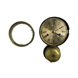 Seth Thomas U.S.A. Ships clock c1890, with a 6” silvered dial sounding the ships watch on a brass bell, eight-day twin train balance wheel movement, silvered dial with Roman numerals, steel spade hands, escapement regulation and subsidiary seconds dial, with a circular alloy drum case mounted on a wooden plaque, dial inscribed “4th November 4th 1879  Seth Thomas U.S.A.