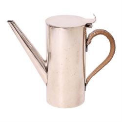 Manner of Christopher Dresser (1834-1904) - James Dixon and Sons teapot together with Hukin & Heath Christopher Dresser design coffee pot, of tapering cylindrical form with a strapwork handle, teapot H13cm 